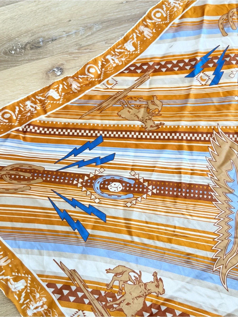 100% Silk Southwest Wild Rag Cowboy Hand Stitched Scarf Lightning Bolt Horse